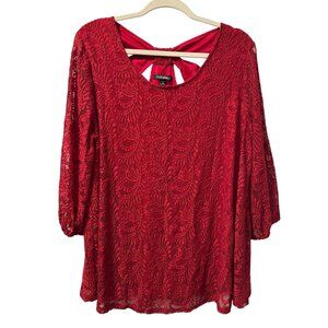 Roz & Ali Red Lace 3/4 Sleeve Top Womans Sz 2X Blouse
